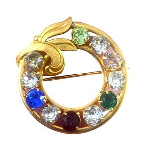 Vintage Gold Mother’s Circle Brooch Multi Rhinestone Gemstone Wreath Pin with Bi